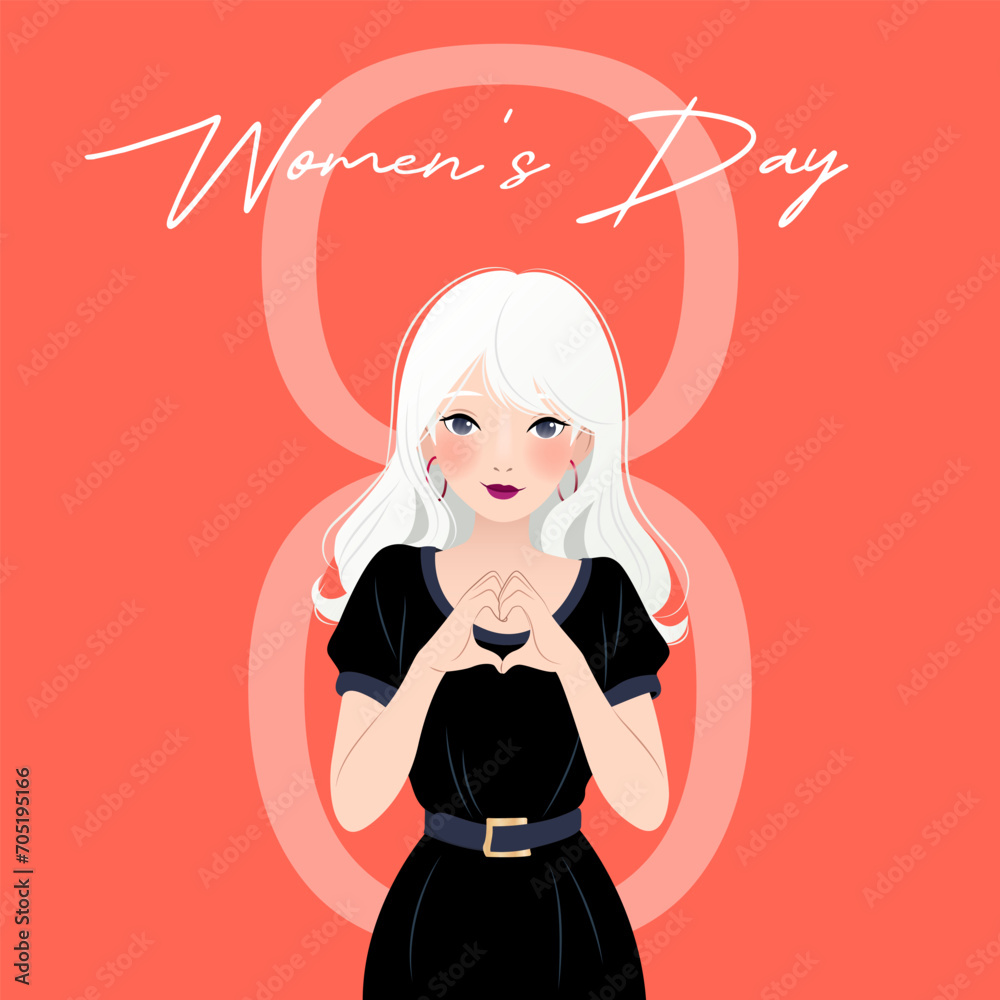 International Women's Day. 8 March. Poster with beautiful woman showing sign of heart. Inspire inclusion. Modern vector design for poster, campaign, social media post. International Women's Day. 8 March. Poster with beautiful woman showing sign of heart. Inspire inclusion. Modern vector design for poster, campaign, social media post.