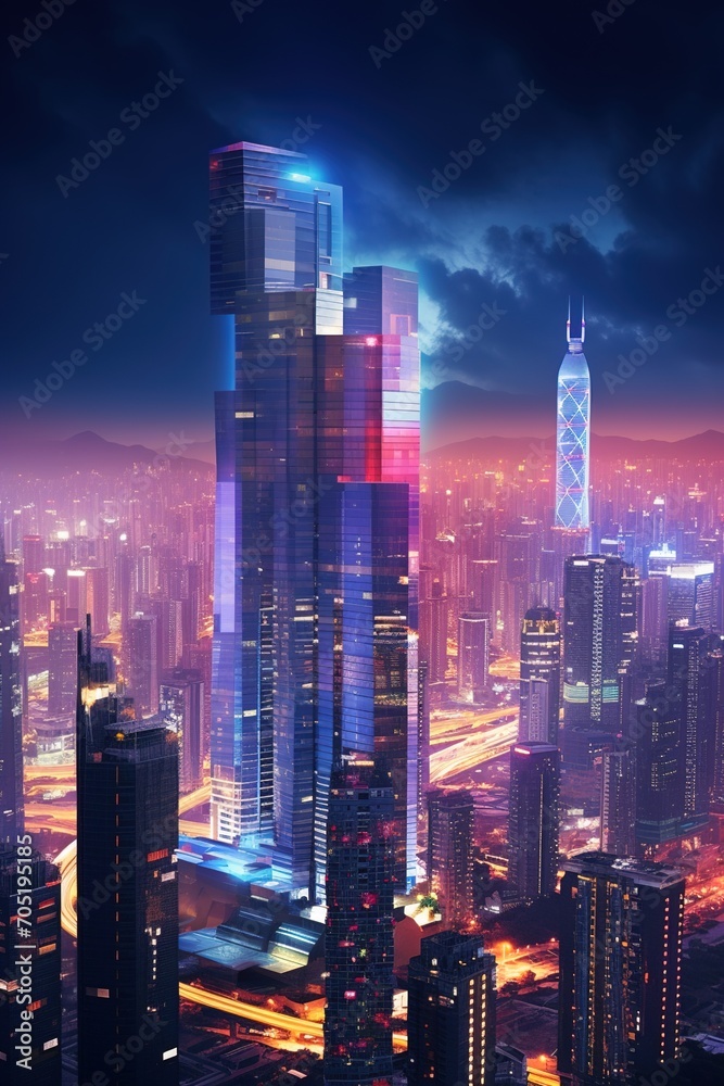 Fototapeta premium A futuristic city with skyscrapers and neon lights at night