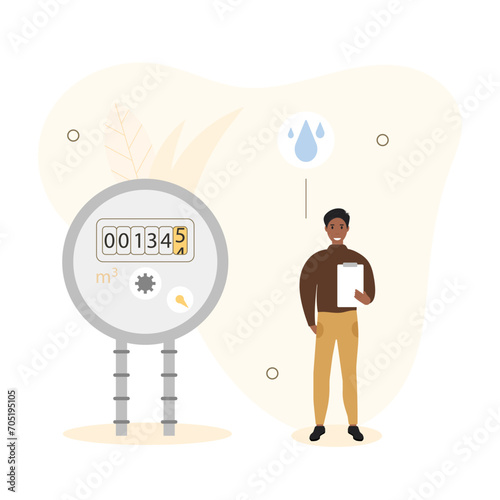 Sustainability illustration. Сharacters control electricity, water and heating meters. Сharacters record and calculate utility bills. Home energy efficiency audit concept. Vector illustration.
