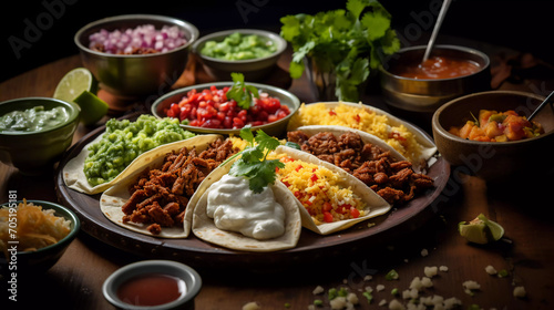 Popular Tex-Mex or Mexican dish: Tacos with crispy tortillas, sausage, bacon, beef, cheese, sour cream, salsa, guacamole; rice, beans as sides. 