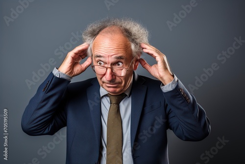 funny old man plays with his hands on his head while thinking