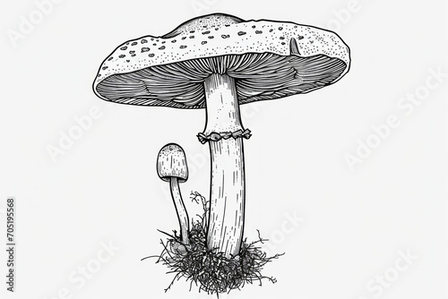 Black and white drawing or illustration of a mushroom. Background with selective focus and copy space