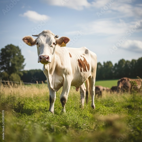 Holstein cow standing in a lush green pasture on a sunny day © duyina1990