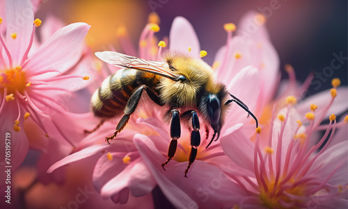 one bee on pink flowers with large stamens collects pollen. close-up photo