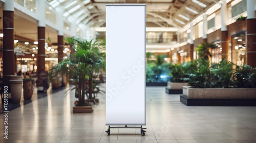 Roll up mockup poster stand in an shopping center or mall environment as wide banner design with blank empty copy space area