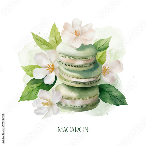 Vector macaron with apple flavour and apple flowers on the background. Macaron art. Bakery shop poster