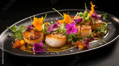 seared scallops with sauce and petals in metal plate 
