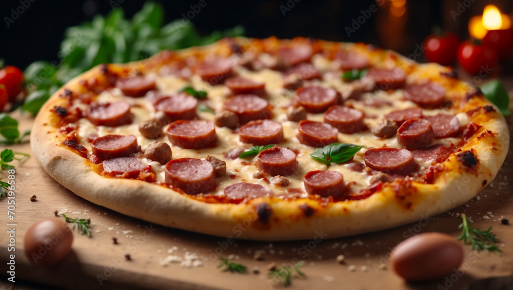 Delicious meat pizza with sausages