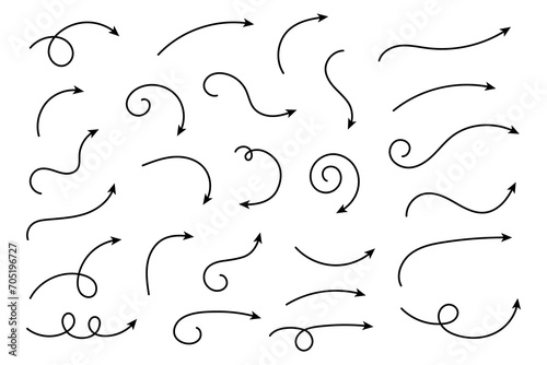 Set of vector curved arrows hand drawn. Sketch doodle style. Collection of pointers.