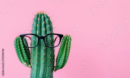A cactus with glasses held his hands up in the pink background