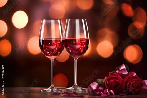 Valentine's day celebration with two glasses of wine on bokeh background. Romantic date. Close up.