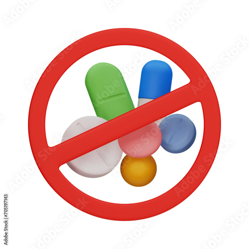 Different pills and tabs. 3D vector medicines with a restriction sign. A symbol of the prohibition on taking medical drugs. Concept 3D vector illustration isolated on a white background