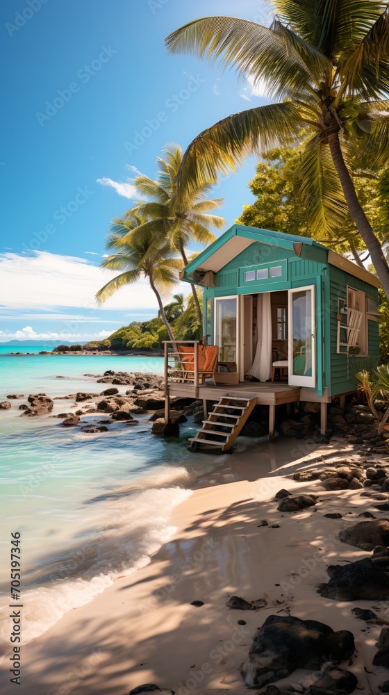 Beachfront caribbean house with palm trees