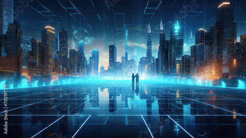 Futuristic neon cityscape where AI and humans coexist, ethical AI integration. Engaging with AI in everyday life, positive, ethical relationship between technology and society photo