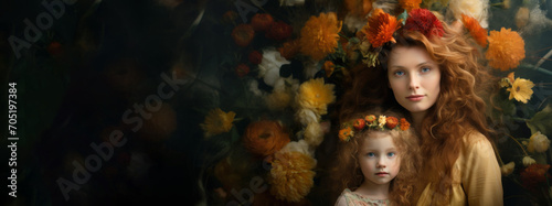 Mother and Child in Vibrant Flowers. A serene portrait of a young woman and child surrounded by a lush assortment of bright seasonal flowers.