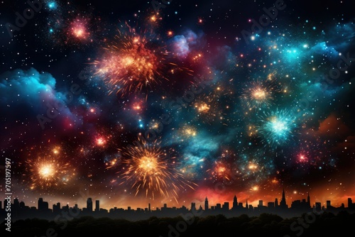 Dazzling holiday fireworks! Sparks, colored stars, and bright nebula light 
