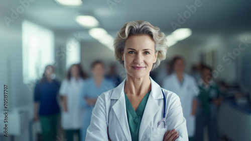 A mature female doctor stands in a bright hospital corridor, her confident smile and posture conveying a narrative of leadership and decades of trust in medical practice, team on the background photo