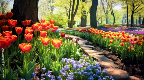 City park pedestrian area beside blooming tulips in spring. A vibrant stock photo capturing the charm and beauty of urban green spaces in full bloom. photo