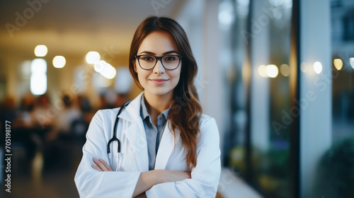 A confident female medical practitioner stands with folded arms, emits intelligence and professionalism. The image on neutral backdrop that is versatile for various medical and healthcare themes.