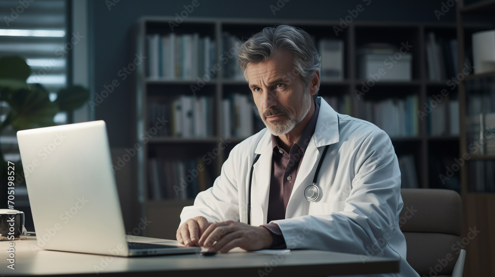 A contemplative mature male doctor examines information on his computer, epitomizing the blend of technology and healthcare expertise in modern medical practice A contemplative mature male doctor examines information on his computer, epitomizing the blend of technology and healthcare expertise in modern medical practice