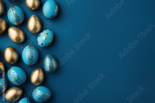 Easter frame of golden and pastel blue eggs on blue background. Religion tradition pattern. View from above. Flat lay style. Greeting card. Copy space.