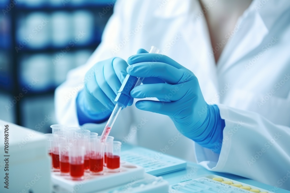 Lab Technologist holds blood sample for EGFR mutation test. Diagnosis of lung disease. World Tuberculosis Day Lab Technologist holds blood sample for EGFR mutation test. Diagnosis of lung disease. World Tuberculosis Day