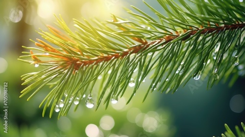 Close-up of a spruce branch with drops after rain. Natural background. The concept of awakening and purity of nature. Illustration for cover  postcard  postcard  banner  poster  brochure  presentation