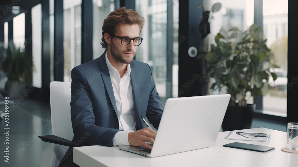 Young Male Businessman Conducting Online Business Training and Conference in Office Young Male Businessman Conducting Online Business Training and Conference in Office