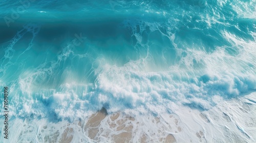 Splashing blue water ocean waves reach sandy beach. Nature background. Modern screen design. Illustration for cover, card, postcard, banner, poster, brochure or presentation.