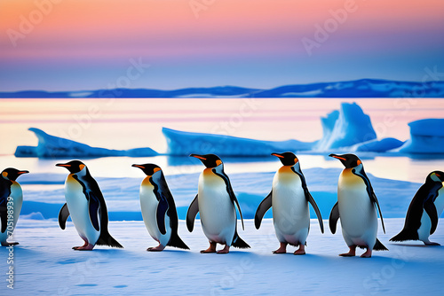 A group of fluffy  small penguins huddling together  soft shadows playing across their black and white feathers  icy blue backdrop of a snowy Antarctic landscape. Generative AI