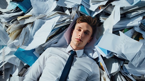 Tired office worker sleeps at the workplace on a pile of documents. The concept of workaholism and overtime that leads to exhaustion. Illustration for banner, poster, cover, brochure or presentation. photo