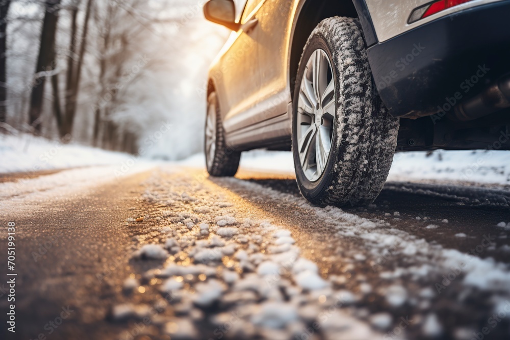 car on a snow-covered road in winter