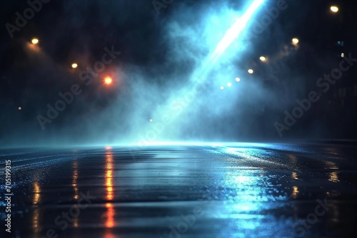 A haunting night view unfolds on wet asphalt, capturing city lights and a searchlight amidst swirling smoke.