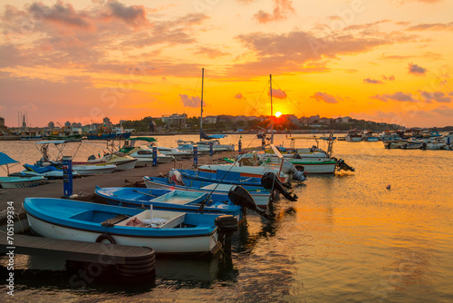 Obraz na płótnie Nessebar (Nesebar), Bulgaria. The Ancient City of Nessebar, Fishing Harbor. Black Sea Coast, Burgas. Sunset and a view of ships and fishing boats. w salonie