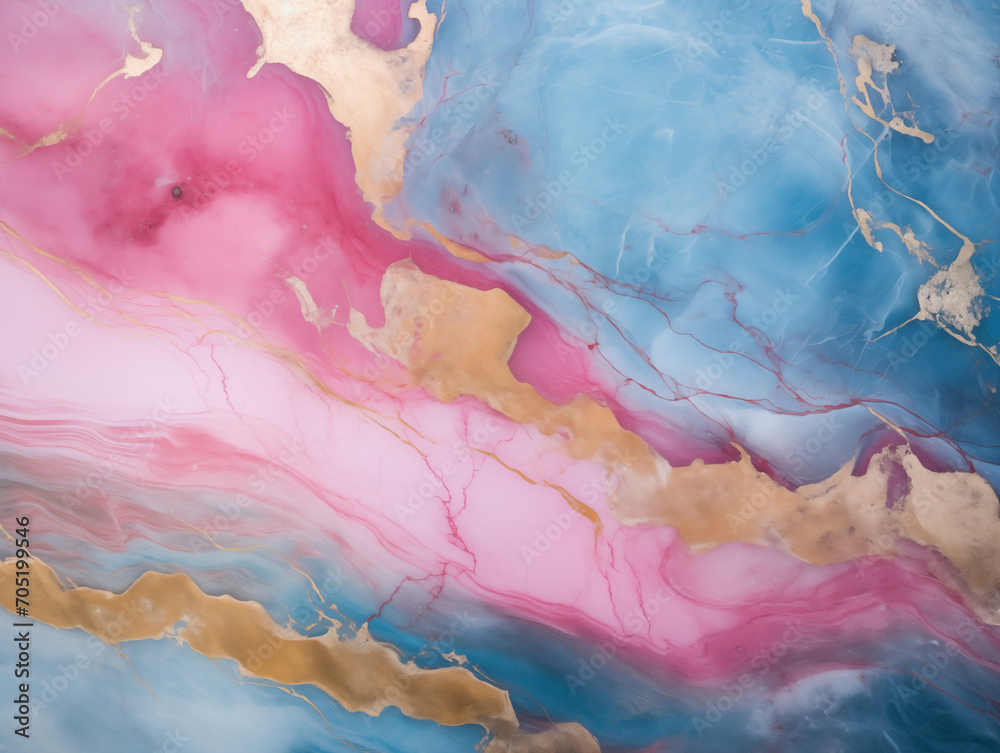 Fototapeta premium Blue, pink with golden lines swirl liquid marble texture