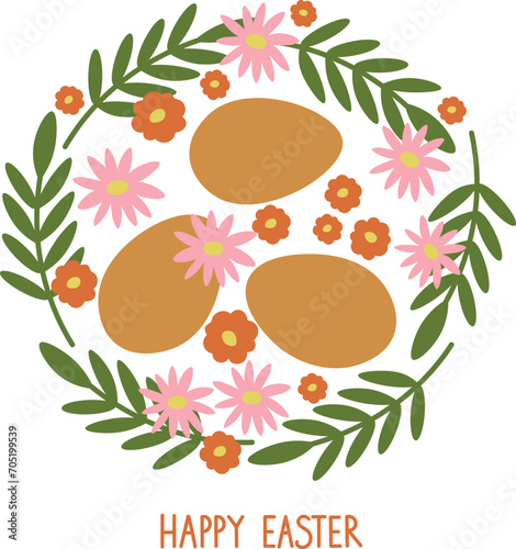Easter nest with eggs plants and flowers hand drawn festive pattern vector flat illustration. Easter border frame for print, paper, card, flyer, template. Holidays and religion, paschal design element