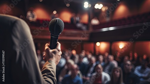 A hand holding a microphone in front of a full auditorium. The concept of public speaking. Illustration for cover, banner, poster, brochure, advertising, marketing or presentation. photo
