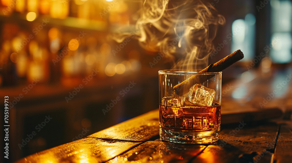 Glass of whiskey or cognac with ice cubes and smoking cigar and on bar counter. Generative AI - obrazy, fototapety, plakaty 