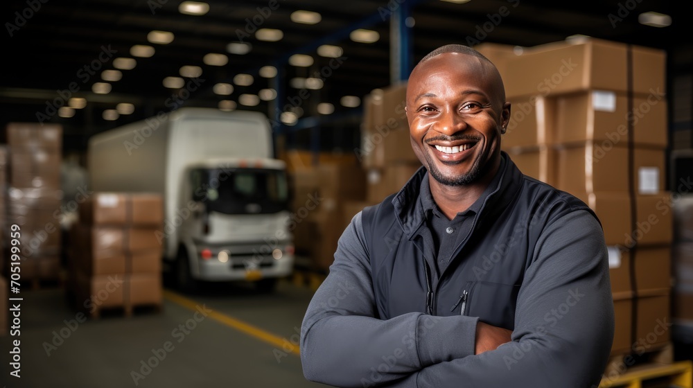 dynamic world of logistics-container movement by a happy truck driver in a bustling warehouse. Emphasize the readiness of a black man in transporting ecommerce goods dynamic world of logistics-container movement by a happy truck driver in a bustling warehouse. Emphasize the readiness of a black man in transporting ecommerce goods