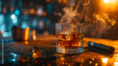 Glass of whiskey or cognac with ice cubes and smoking cigar and on bar counter. Generative AI