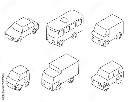 A set of 6 cars in outline. Urban transport in isometric view and outline.