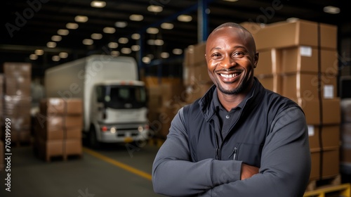 dynamic world of logistics-container movement by a happy truck driver in a bustling warehouse. Emphasize the readiness of a black man in transporting ecommerce goods © pvl0707