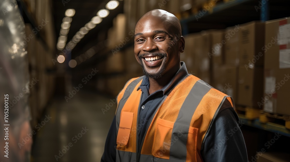 dynamic world of logistics-container movement by a happy truck driver in a bustling warehouse. Emphasize the readiness of a black man in transporting ecommerce goods