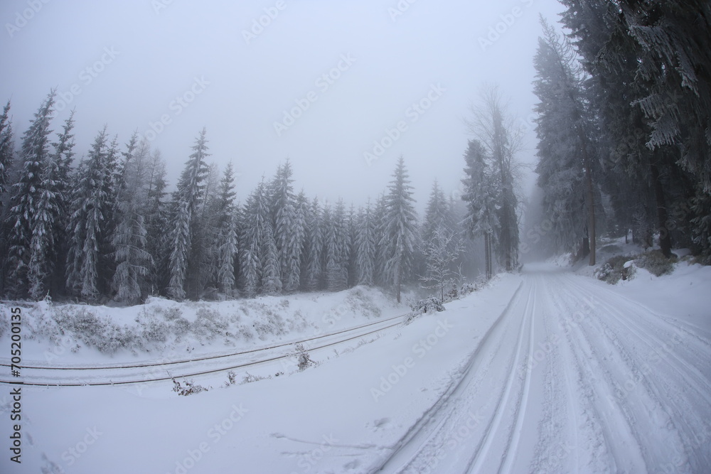 Obraz premium Snowy road in Sudety mountains, Poland