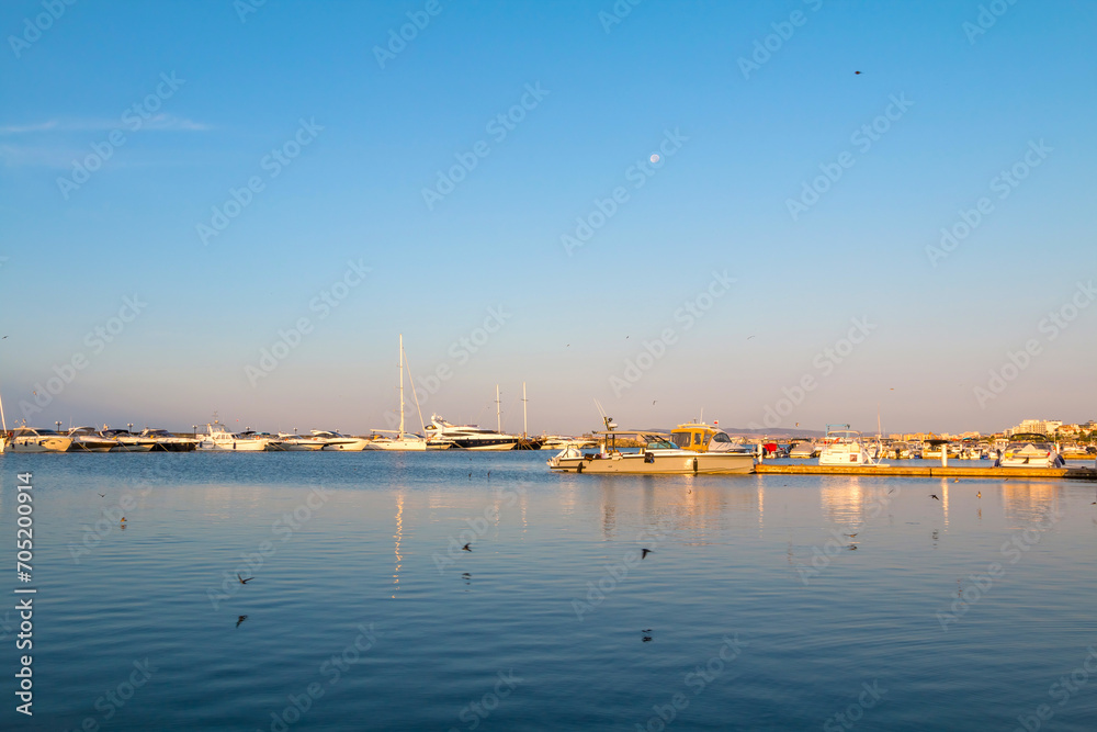 Yacht port in the town of Saint Vlas (Sweti Vlas) in Bulgaria. Sunset and beautiful views of the marina.