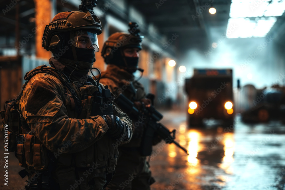 Two soldier of police special forces stand in a hangar for protect the area. Two soldier of police special forces stand in a hangar for protect the area.