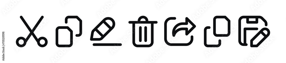File Manager Actions Icon Set - Trash Can, Save As, Copy, Paste, Rename, Cut Symbols File Manager Actions Icon Set - Trash Can, Save As, Copy, Paste, Rename, Cut Symbols