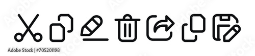 File Manager Actions Icon Set - Trash Can, Save As, Copy, Paste, Rename, Cut Symbols