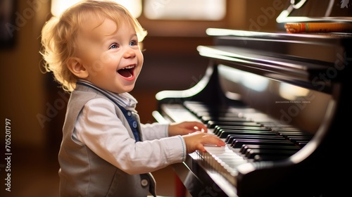 essence of a two-year-old boy playing the piano with delight in a music school. early exploration of musical talent and the joy of early education.