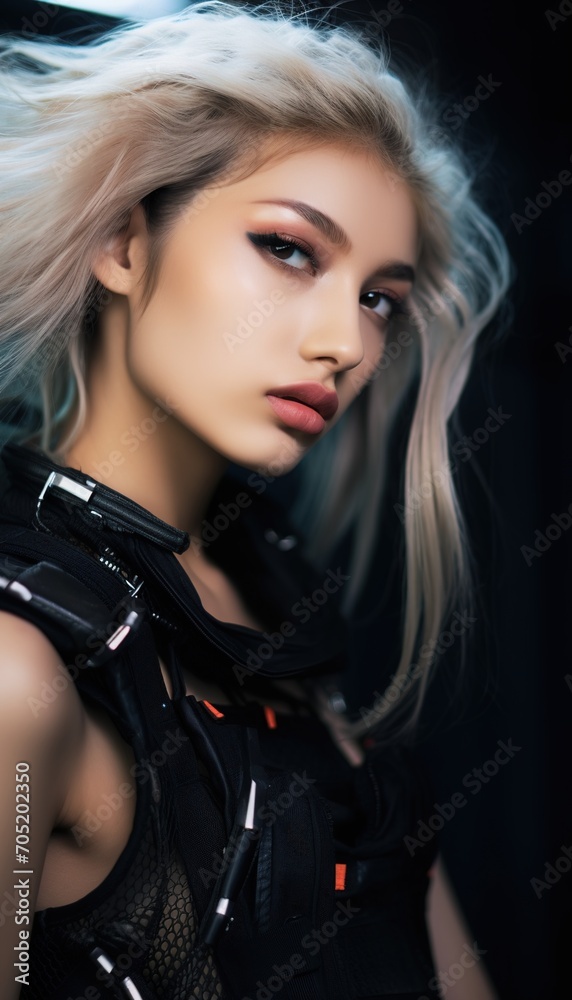 Portrait of a young Asian woman with blonde hair wearing a black outfit